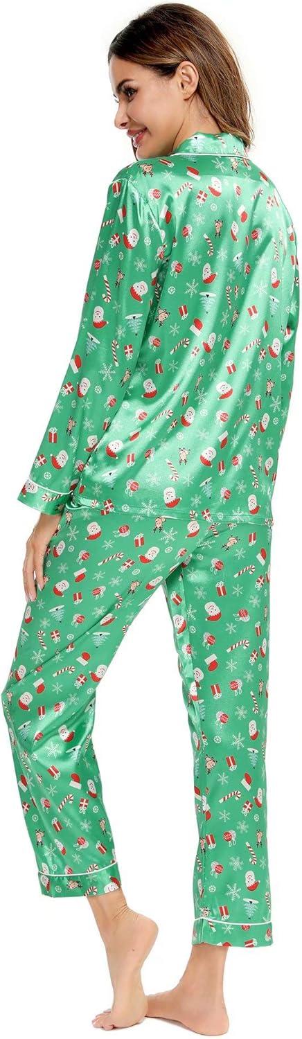 imageSWOMOG Womens Silk Satin Pajamas Set Long Sleeve Button Down Sleepwear 2 Piece Lounge Set Pj Set XS3XLChristmas Gift Green