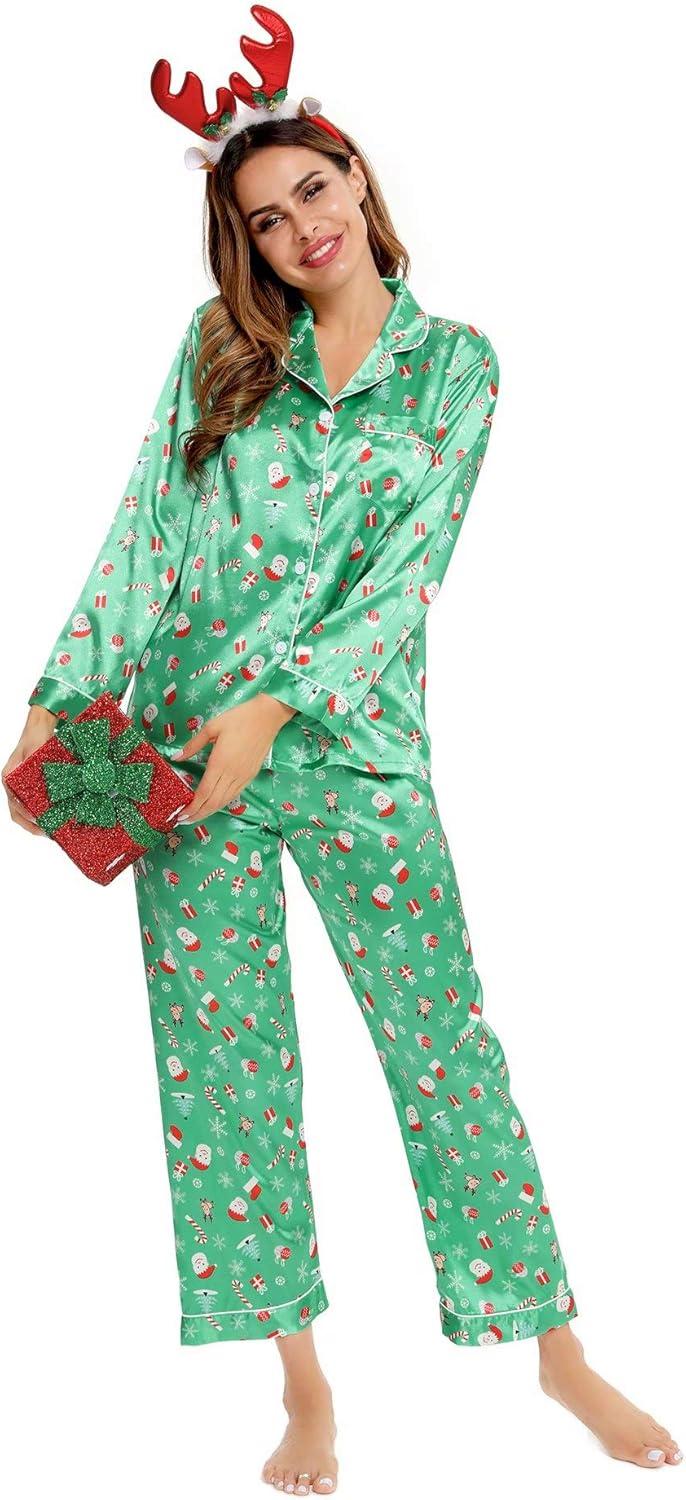 imageSWOMOG Womens Silk Satin Pajamas Set Long Sleeve Button Down Sleepwear 2 Piece Lounge Set Pj Set XS3XLChristmas Gift Green