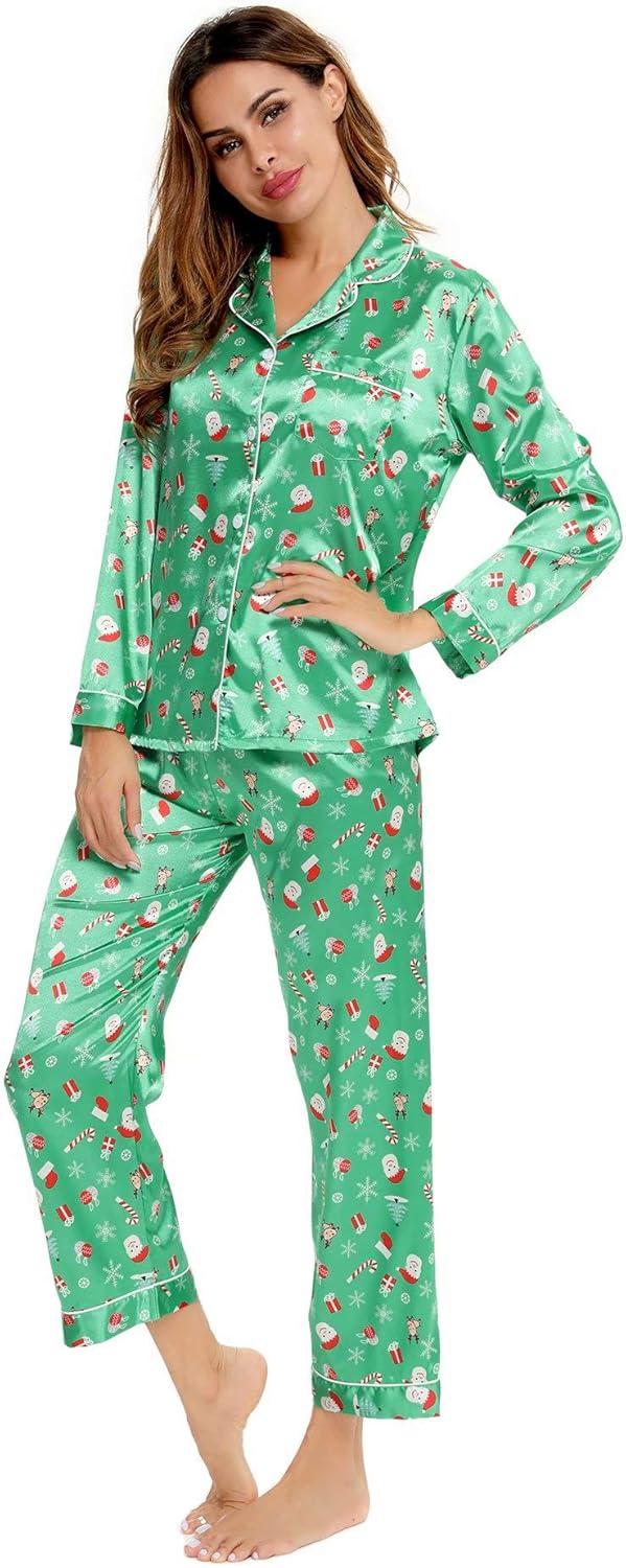 imageSWOMOG Womens Silk Satin Pajamas Set Long Sleeve Button Down Sleepwear 2 Piece Lounge Set Pj Set XS3XLChristmas Gift Green