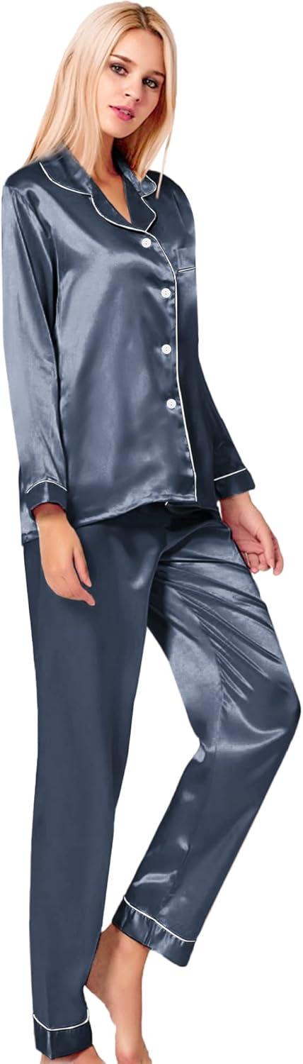 imageSWOMOG Womens Silk Satin Pajamas Set Long Sleeve Button Down Sleepwear 2 Piece Lounge Set Pj Set XS3XLDeep Grey