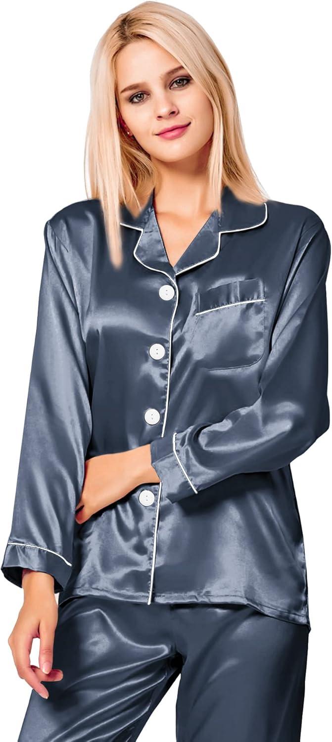 imageSWOMOG Womens Silk Satin Pajamas Set Long Sleeve Button Down Sleepwear 2 Piece Lounge Set Pj Set XS3XLDeep Grey