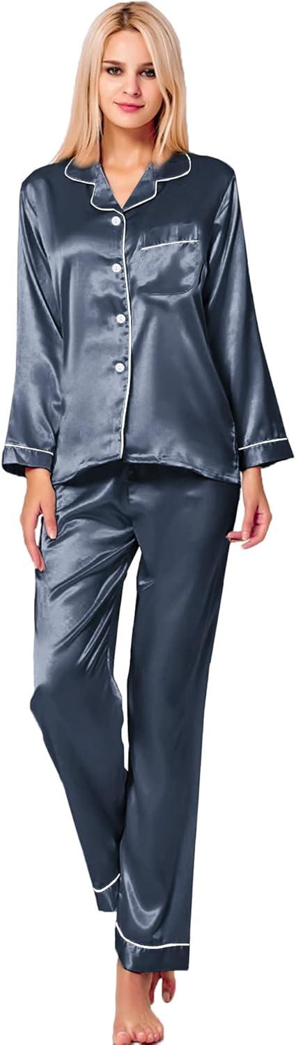 imageSWOMOG Womens Silk Satin Pajamas Set Long Sleeve Button Down Sleepwear 2 Piece Lounge Set Pj Set XS3XLDeep Grey