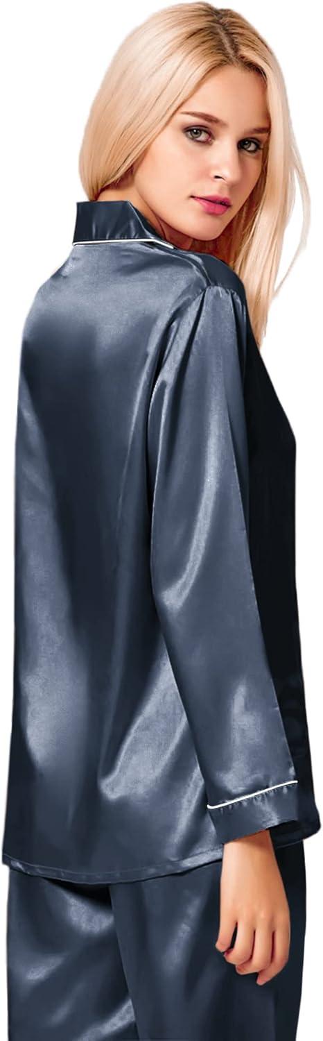 imageSWOMOG Womens Silk Satin Pajamas Set Long Sleeve Button Down Sleepwear 2 Piece Lounge Set Pj Set XS3XLDeep Grey