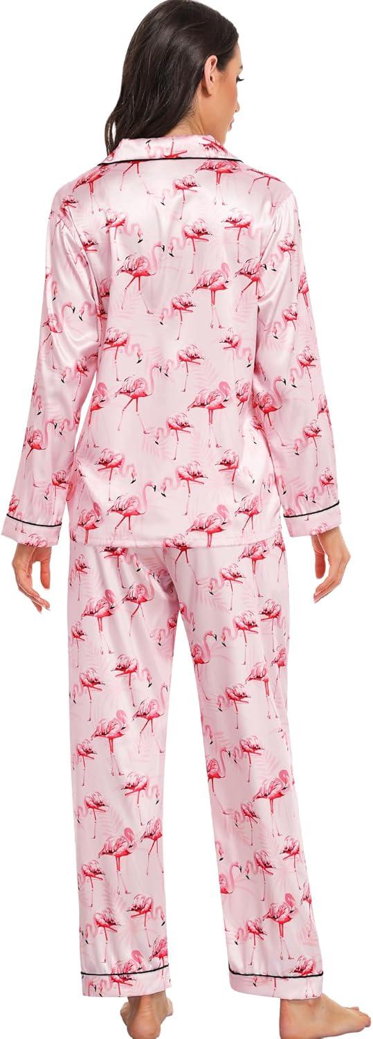 imageSWOMOG Womens Silk Satin Pajamas Set Long Sleeve Button Down Sleepwear 2 Piece Lounge Set Pj Set XS3XLFlamingo Pink