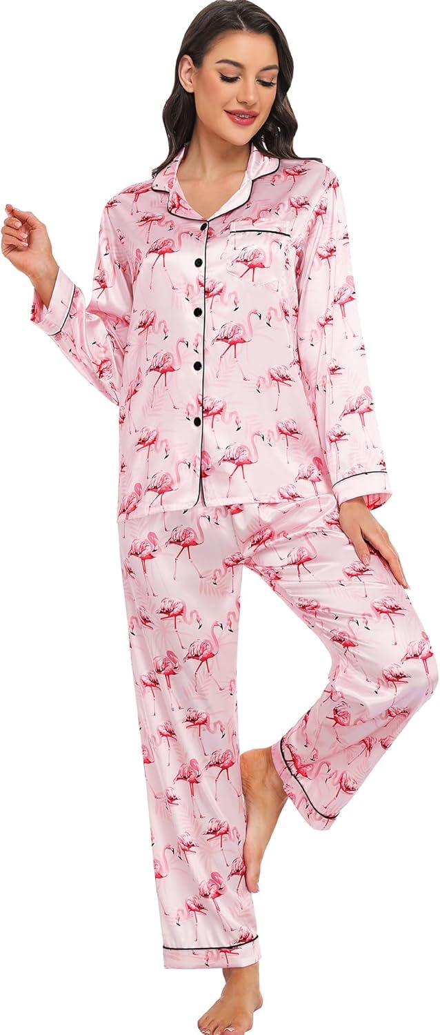 imageSWOMOG Womens Silk Satin Pajamas Set Long Sleeve Button Down Sleepwear 2 Piece Lounge Set Pj Set XS3XLFlamingo Pink