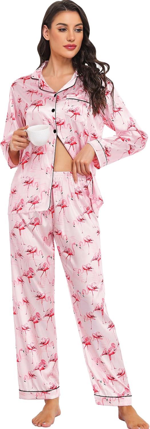 imageSWOMOG Womens Silk Satin Pajamas Set Long Sleeve Button Down Sleepwear 2 Piece Lounge Set Pj Set XS3XLFlamingo Pink