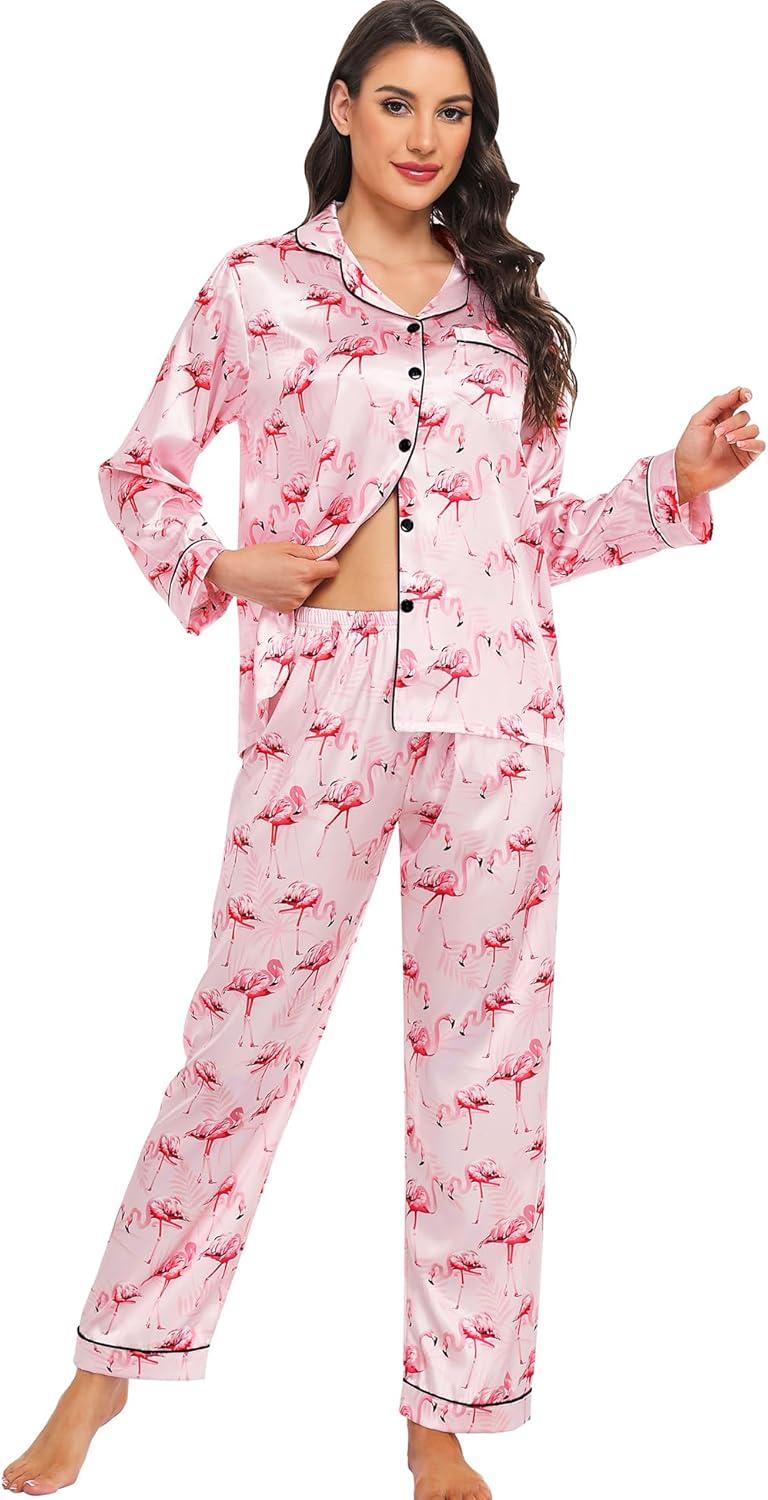 imageSWOMOG Womens Silk Satin Pajamas Set Long Sleeve Button Down Sleepwear 2 Piece Lounge Set Pj Set XS3XLFlamingo Pink