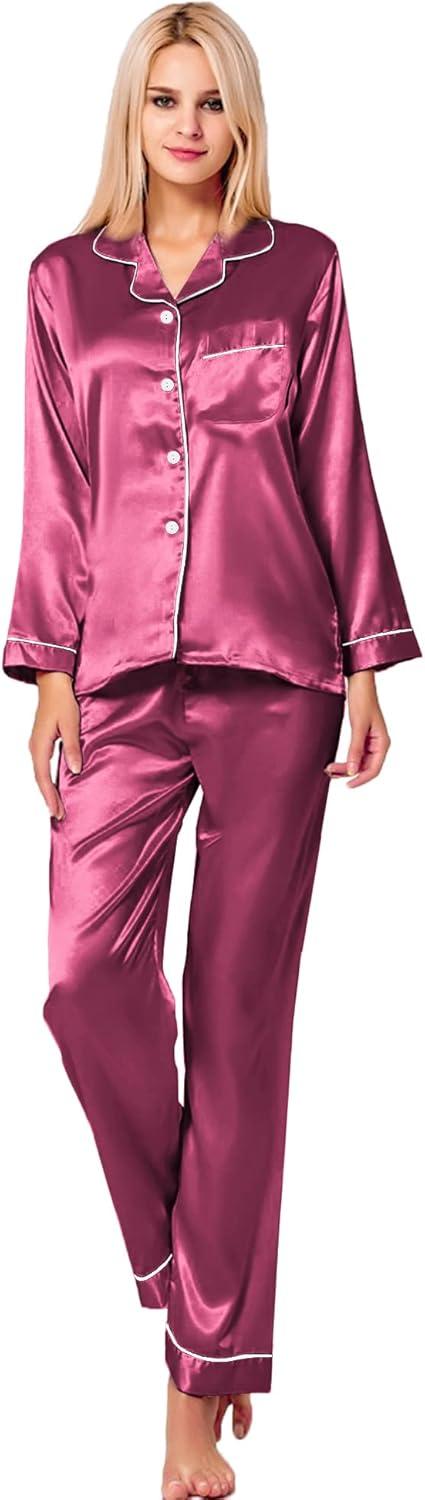 imageSWOMOG Womens Silk Satin Pajamas Set Long Sleeve Button Down Sleepwear 2 Piece Lounge Set Pj Set XS3XLGrapefruit
