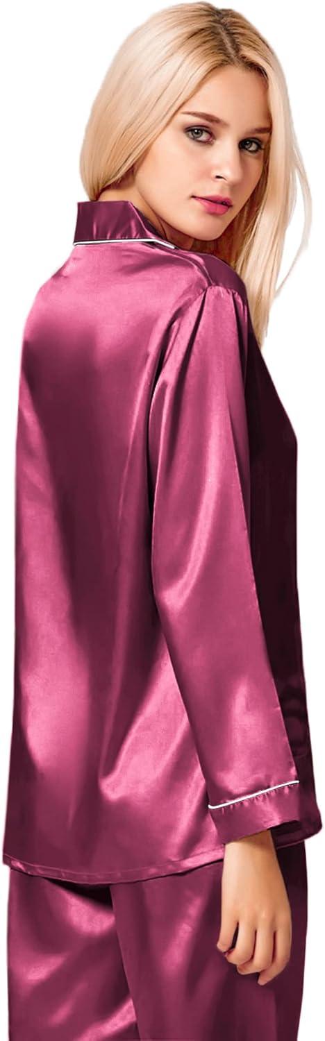imageSWOMOG Womens Silk Satin Pajamas Set Long Sleeve Button Down Sleepwear 2 Piece Lounge Set Pj Set XS3XLGrapefruit