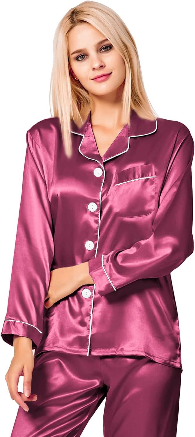 imageSWOMOG Womens Silk Satin Pajamas Set Long Sleeve Button Down Sleepwear 2 Piece Lounge Set Pj Set XS3XLGrapefruit