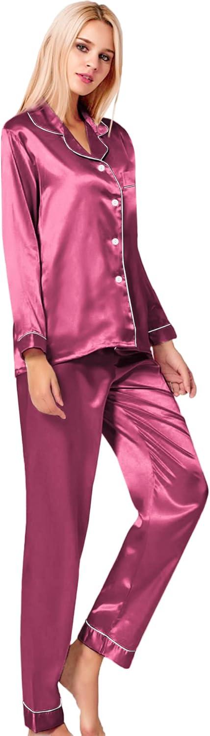 imageSWOMOG Womens Silk Satin Pajamas Set Long Sleeve Button Down Sleepwear 2 Piece Lounge Set Pj Set XS3XLGrapefruit