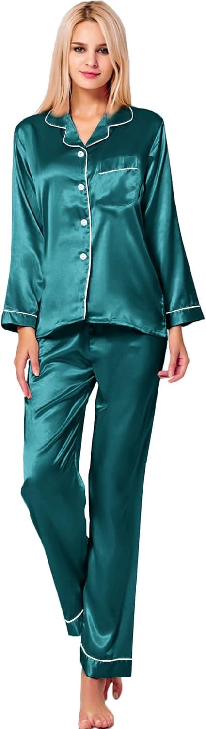 imageSWOMOG Womens Silk Satin Pajamas Set Long Sleeve Button Down Sleepwear 2 Piece Lounge Set Pj Set XS3XLGreen