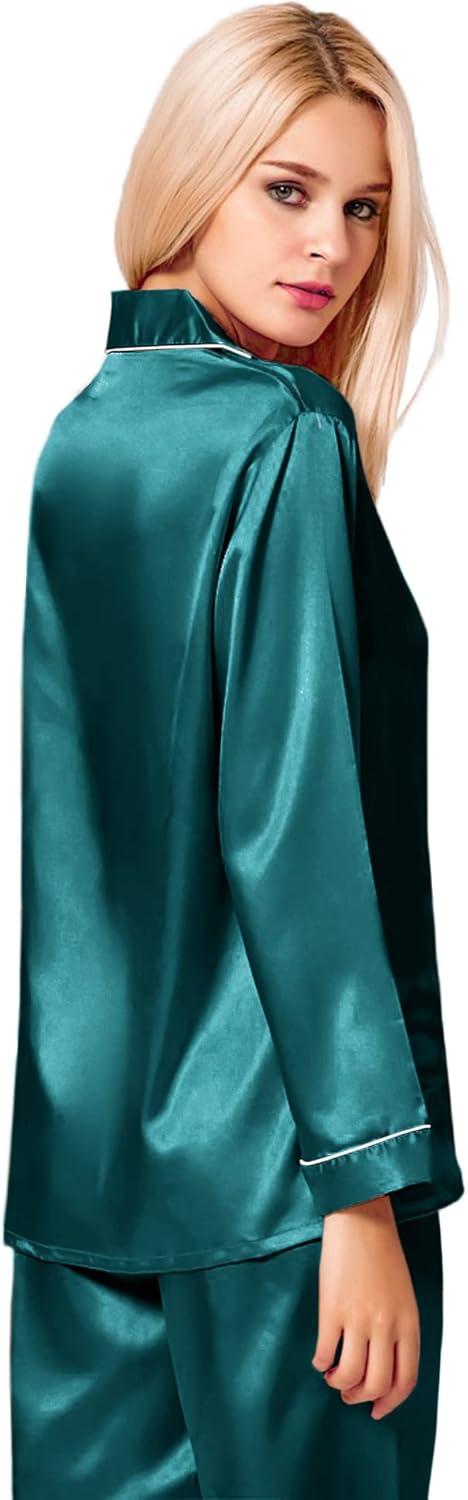 imageSWOMOG Womens Silk Satin Pajamas Set Long Sleeve Button Down Sleepwear 2 Piece Lounge Set Pj Set XS3XLGreen