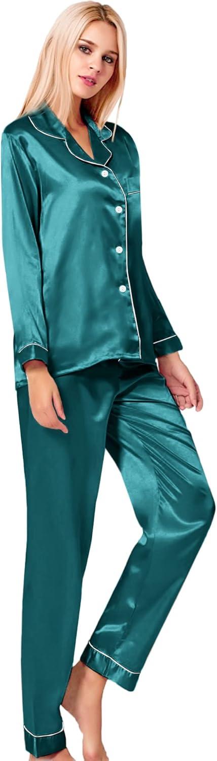 imageSWOMOG Womens Silk Satin Pajamas Set Long Sleeve Button Down Sleepwear 2 Piece Lounge Set Pj Set XS3XLGreen