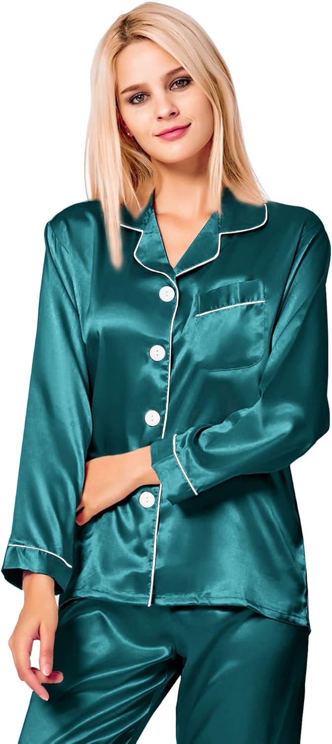imageSWOMOG Womens Silk Satin Pajamas Set Long Sleeve Button Down Sleepwear 2 Piece Lounge Set Pj Set XS3XLGreen