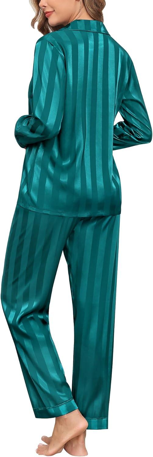 imageSWOMOG Womens Silk Satin Pajamas Set Long Sleeve Button Down Sleepwear 2 Piece Lounge Set Pj Set XS3XLGreen Wide Stripes