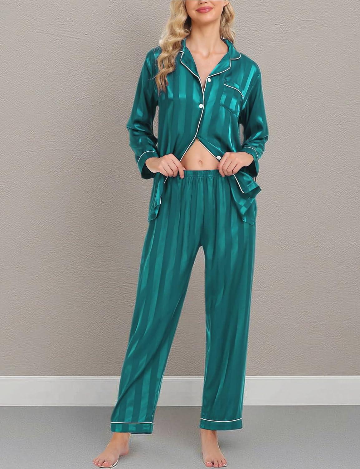 imageSWOMOG Womens Silk Satin Pajamas Set Long Sleeve Button Down Sleepwear 2 Piece Lounge Set Pj Set XS3XLGreen Wide Stripes