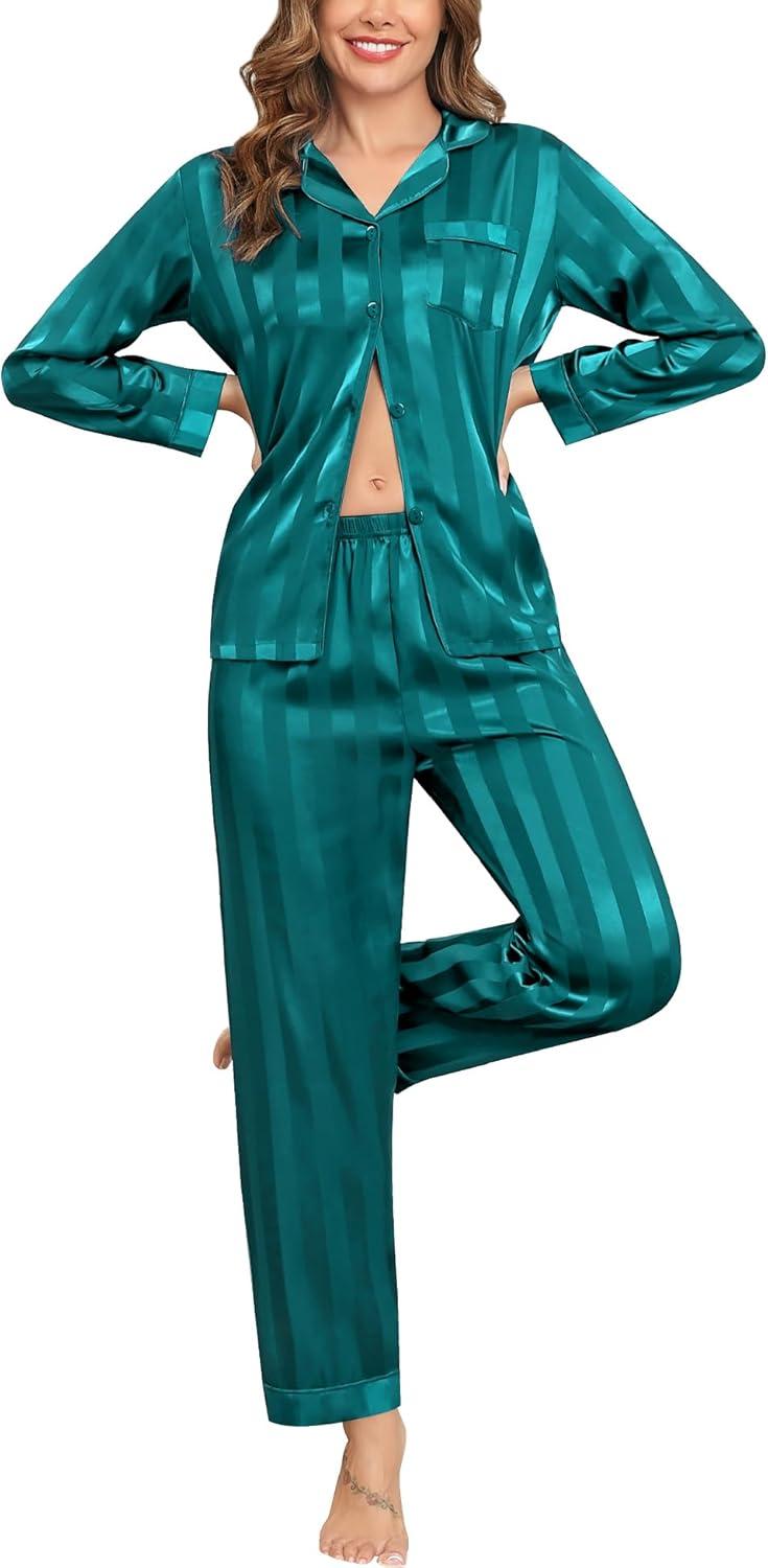 imageSWOMOG Womens Silk Satin Pajamas Set Long Sleeve Button Down Sleepwear 2 Piece Lounge Set Pj Set XS3XLGreen Wide Stripes