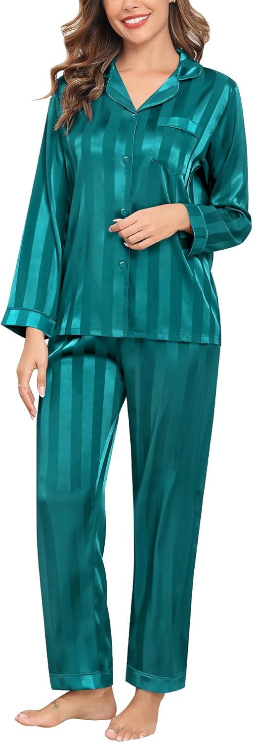 imageSWOMOG Womens Silk Satin Pajamas Set Long Sleeve Button Down Sleepwear 2 Piece Lounge Set Pj Set XS3XLGreen Wide Stripes
