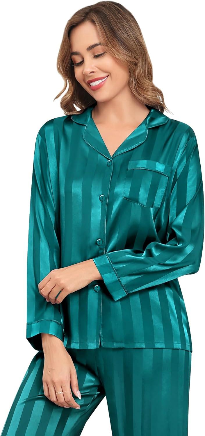 imageSWOMOG Womens Silk Satin Pajamas Set Long Sleeve Button Down Sleepwear 2 Piece Lounge Set Pj Set XS3XLGreen Wide Stripes