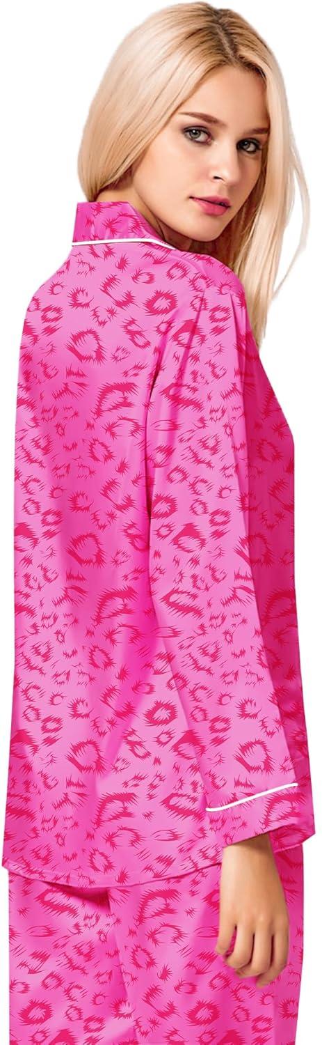imageSWOMOG Womens Silk Satin Pajamas Set Long Sleeve Button Down Sleepwear 2 Piece Lounge Set Pj Set XS3XLHot Pink Leopard