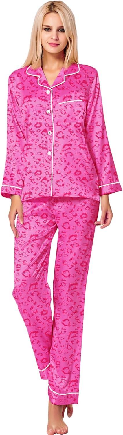 imageSWOMOG Womens Silk Satin Pajamas Set Long Sleeve Button Down Sleepwear 2 Piece Lounge Set Pj Set XS3XLHot Pink Leopard