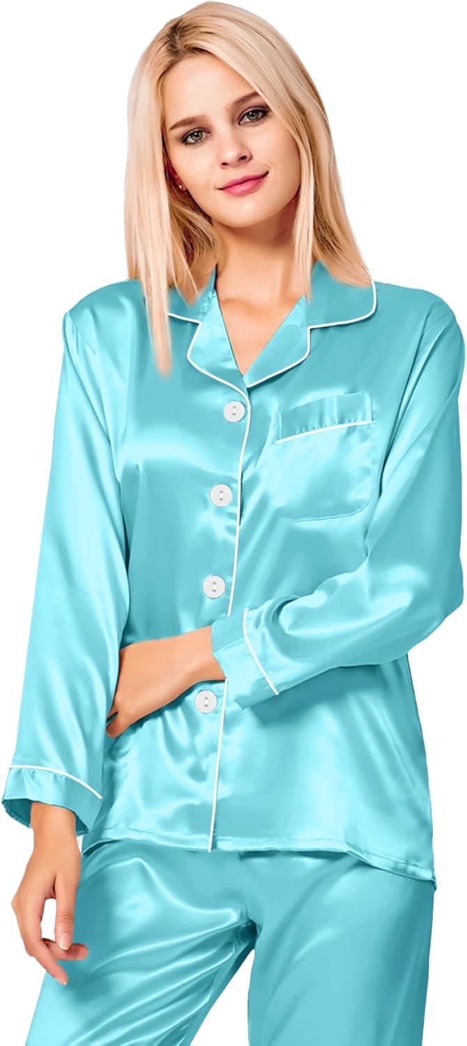 imageSWOMOG Womens Silk Satin Pajamas Set Long Sleeve Button Down Sleepwear 2 Piece Lounge Set Pj Set XS3XLLake Blue