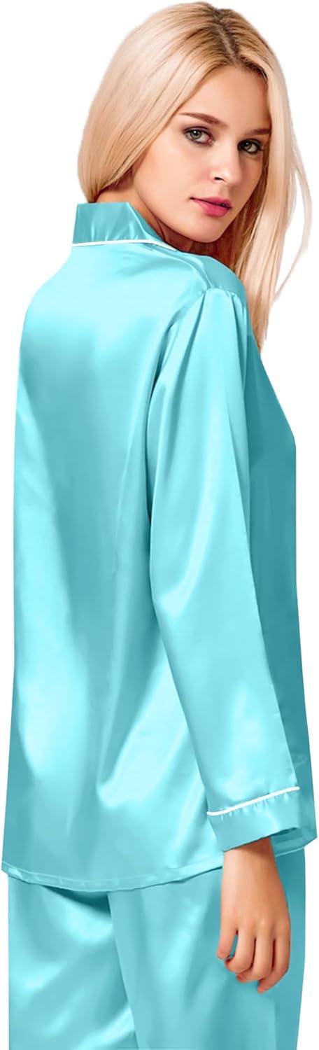 imageSWOMOG Womens Silk Satin Pajamas Set Long Sleeve Button Down Sleepwear 2 Piece Lounge Set Pj Set XS3XLLake Blue