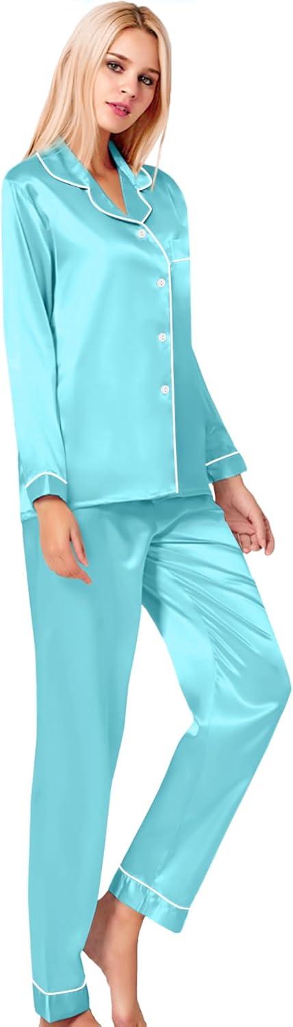 imageSWOMOG Womens Silk Satin Pajamas Set Long Sleeve Button Down Sleepwear 2 Piece Lounge Set Pj Set XS3XLLake Blue