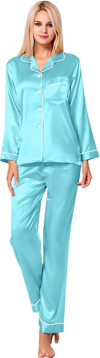 imageSWOMOG Womens Silk Satin Pajamas Set Long Sleeve Button Down Sleepwear 2 Piece Lounge Set Pj Set XS3XLLake Blue