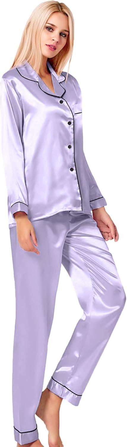 imageSWOMOG Womens Silk Satin Pajamas Set Long Sleeve Button Down Sleepwear 2 Piece Lounge Set Pj Set XS3XLLavender
