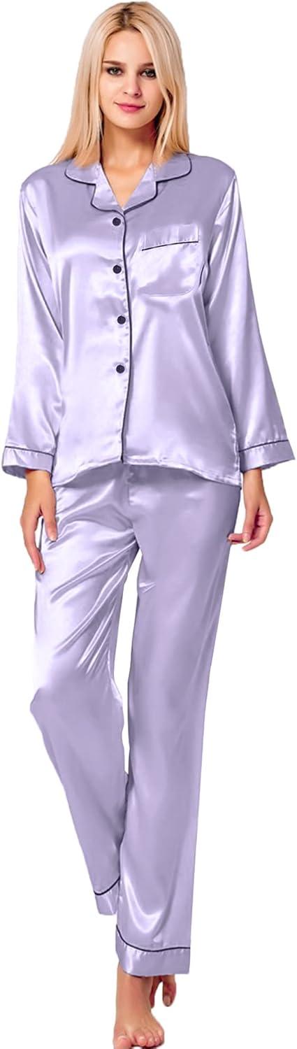 imageSWOMOG Womens Silk Satin Pajamas Set Long Sleeve Button Down Sleepwear 2 Piece Lounge Set Pj Set XS3XLLavender