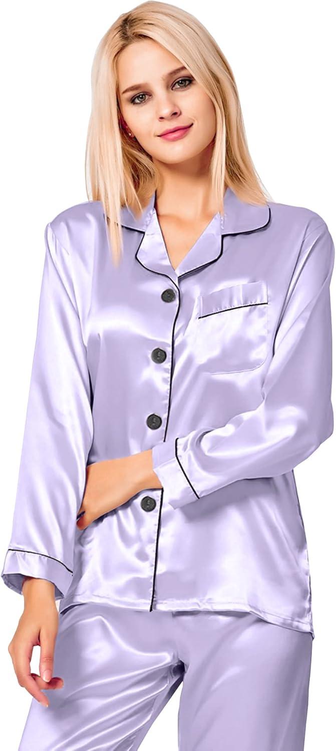 imageSWOMOG Womens Silk Satin Pajamas Set Long Sleeve Button Down Sleepwear 2 Piece Lounge Set Pj Set XS3XLLavender