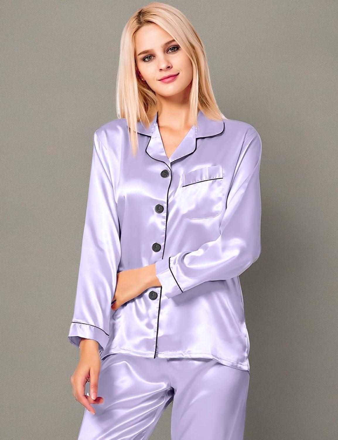 imageSWOMOG Womens Silk Satin Pajamas Set Long Sleeve Button Down Sleepwear 2 Piece Lounge Set Pj Set XS3XLLavender