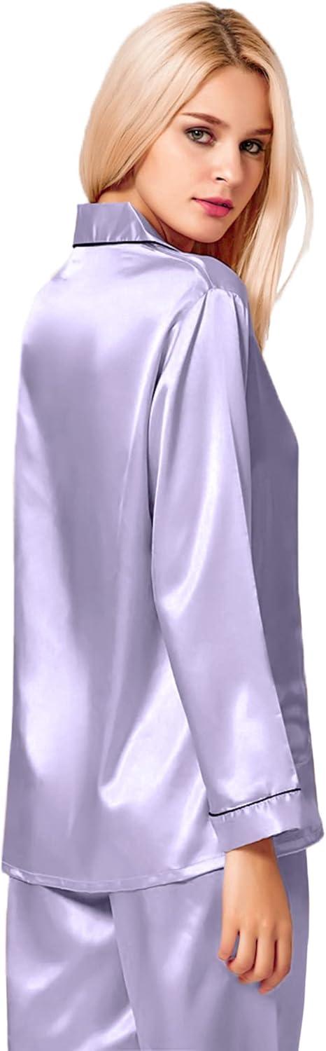 imageSWOMOG Womens Silk Satin Pajamas Set Long Sleeve Button Down Sleepwear 2 Piece Lounge Set Pj Set XS3XLLavender