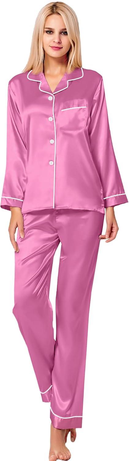 imageSWOMOG Womens Silk Satin Pajamas Set Long Sleeve Button Down Sleepwear 2 Piece Lounge Set Pj Set XS3XLMauve Pink