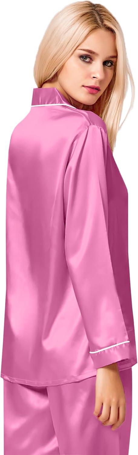 imageSWOMOG Womens Silk Satin Pajamas Set Long Sleeve Button Down Sleepwear 2 Piece Lounge Set Pj Set XS3XLMauve Pink