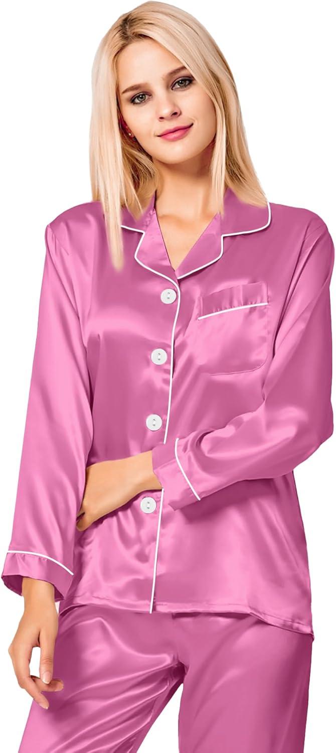 imageSWOMOG Womens Silk Satin Pajamas Set Long Sleeve Button Down Sleepwear 2 Piece Lounge Set Pj Set XS3XLMauve Pink