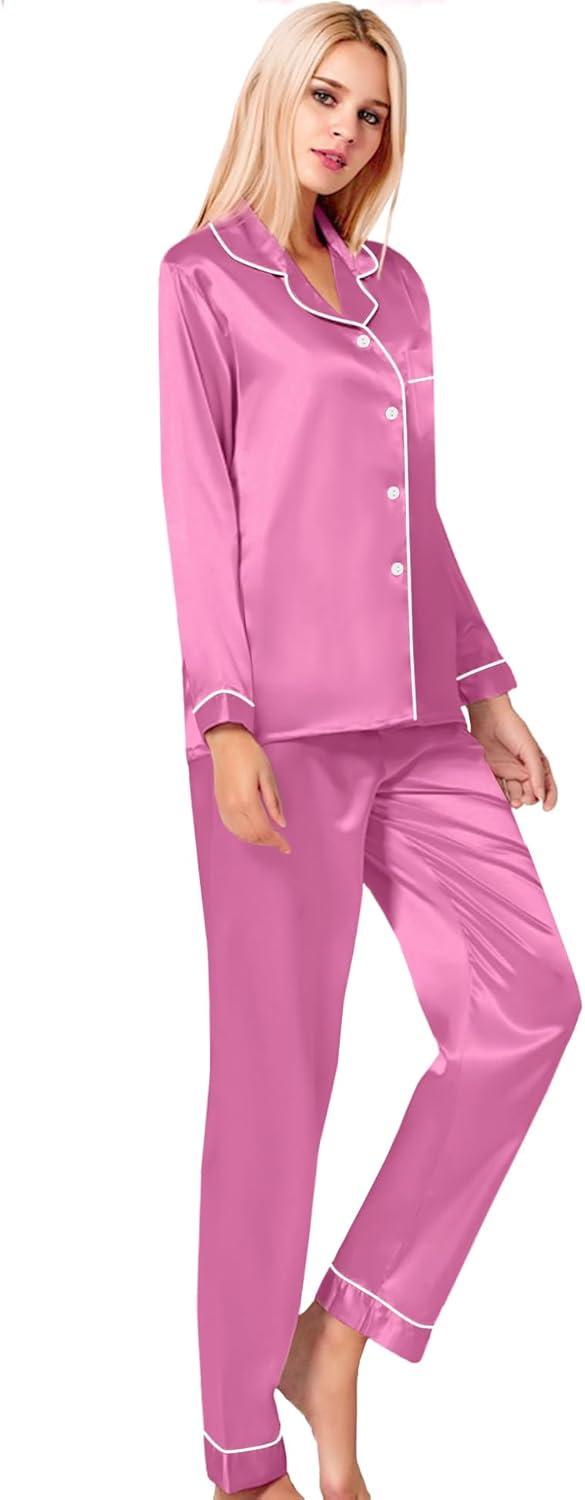 imageSWOMOG Womens Silk Satin Pajamas Set Long Sleeve Button Down Sleepwear 2 Piece Lounge Set Pj Set XS3XLMauve Pink