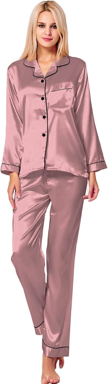 imageSWOMOG Womens Silk Satin Pajamas Set Long Sleeve Button Down Sleepwear 2 Piece Lounge Set Pj Set XS3XLMisty Rose