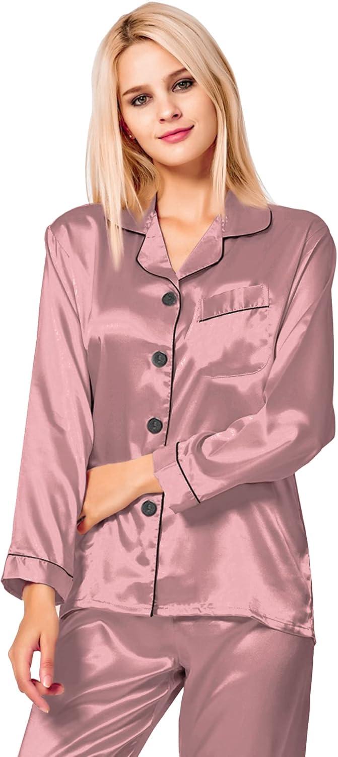 imageSWOMOG Womens Silk Satin Pajamas Set Long Sleeve Button Down Sleepwear 2 Piece Lounge Set Pj Set XS3XLMisty Rose