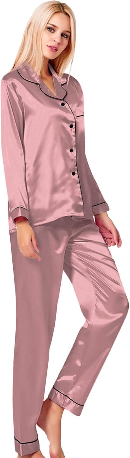 imageSWOMOG Womens Silk Satin Pajamas Set Long Sleeve Button Down Sleepwear 2 Piece Lounge Set Pj Set XS3XLMisty Rose