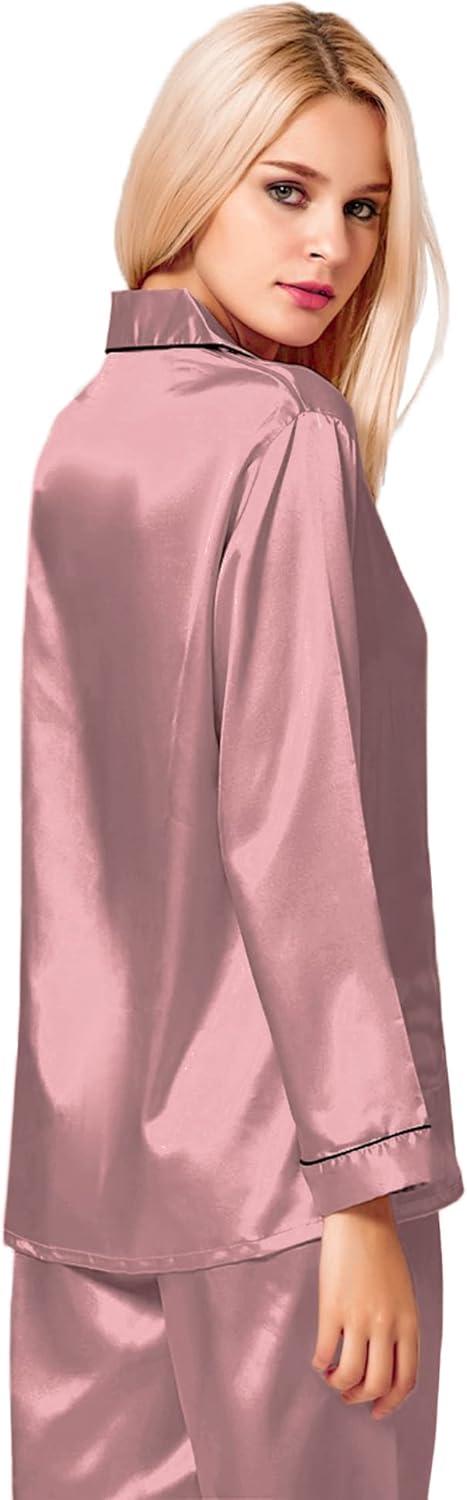 imageSWOMOG Womens Silk Satin Pajamas Set Long Sleeve Button Down Sleepwear 2 Piece Lounge Set Pj Set XS3XLMisty Rose