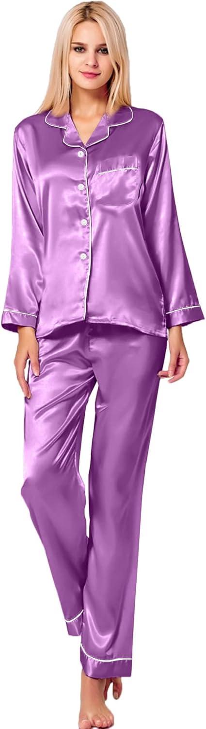 imageSWOMOG Womens Silk Satin Pajamas Set Long Sleeve Button Down Sleepwear 2 Piece Lounge Set Pj Set XS3XLOrchid