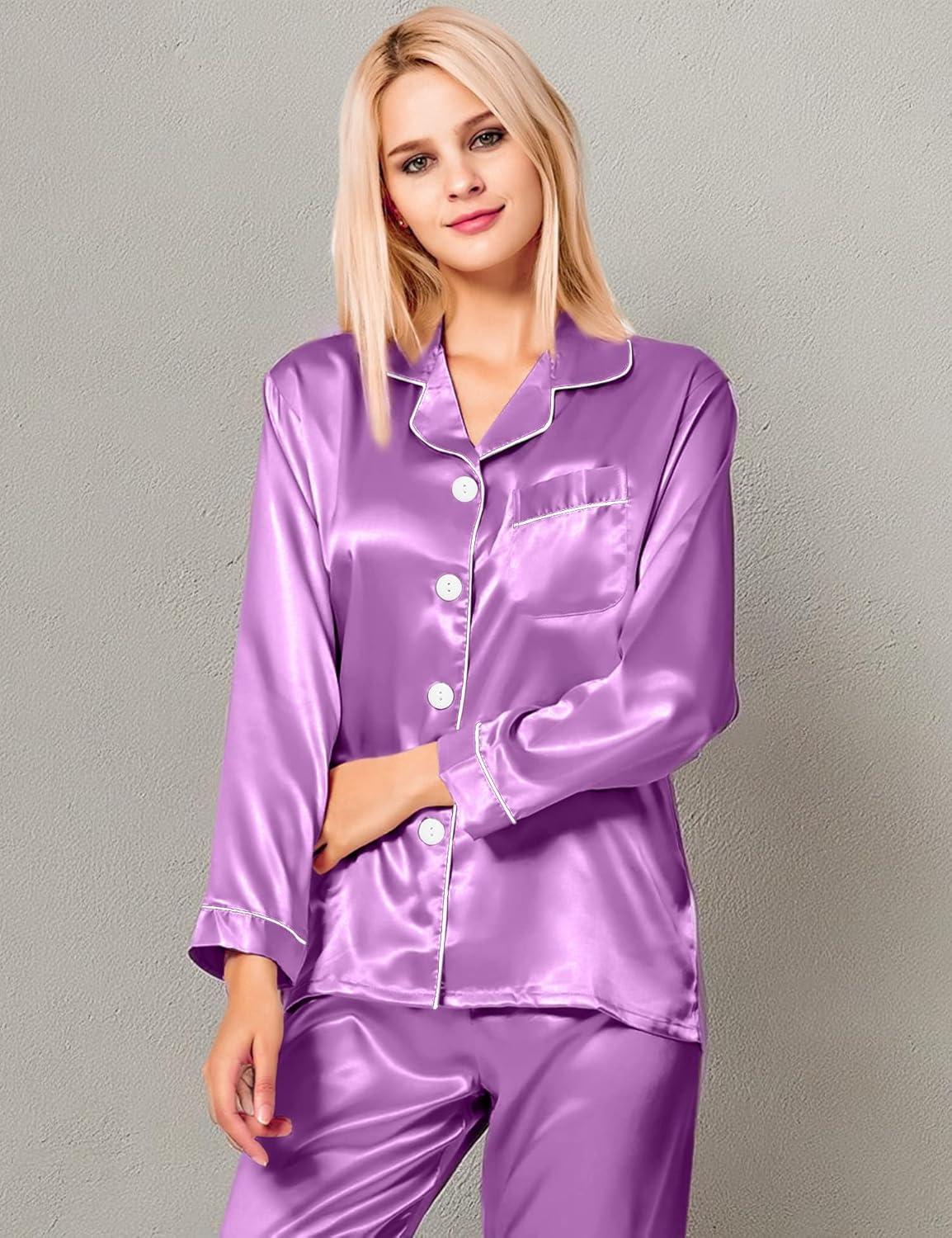 imageSWOMOG Womens Silk Satin Pajamas Set Long Sleeve Button Down Sleepwear 2 Piece Lounge Set Pj Set XS3XLOrchid
