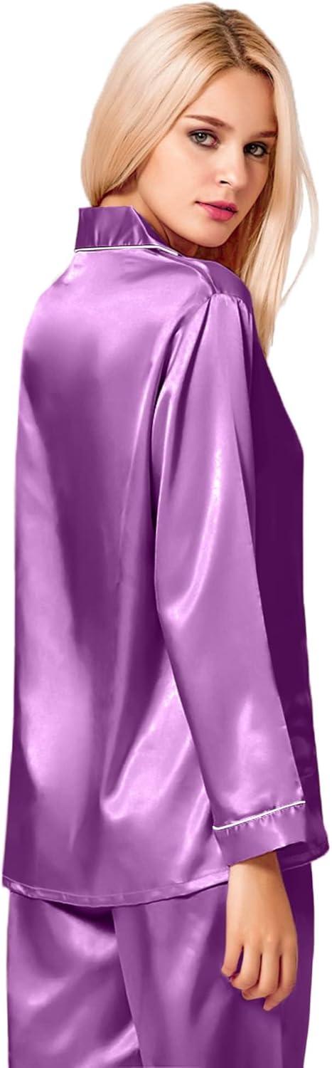 imageSWOMOG Womens Silk Satin Pajamas Set Long Sleeve Button Down Sleepwear 2 Piece Lounge Set Pj Set XS3XLOrchid