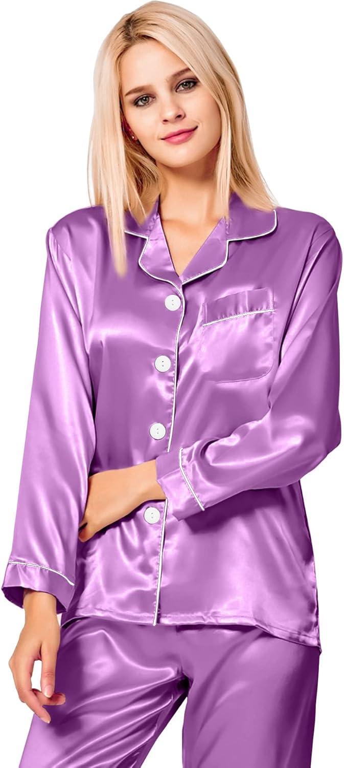 imageSWOMOG Womens Silk Satin Pajamas Set Long Sleeve Button Down Sleepwear 2 Piece Lounge Set Pj Set XS3XLOrchid