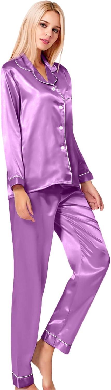 imageSWOMOG Womens Silk Satin Pajamas Set Long Sleeve Button Down Sleepwear 2 Piece Lounge Set Pj Set XS3XLOrchid