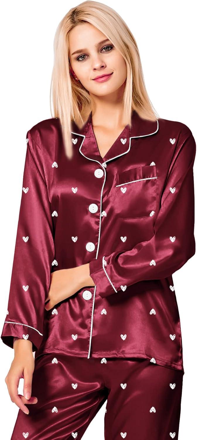 imageSWOMOG Womens Silk Satin Pajamas Set Long Sleeve Button Down Sleepwear 2 Piece Lounge Set Pj Set XS3XLPattern 2