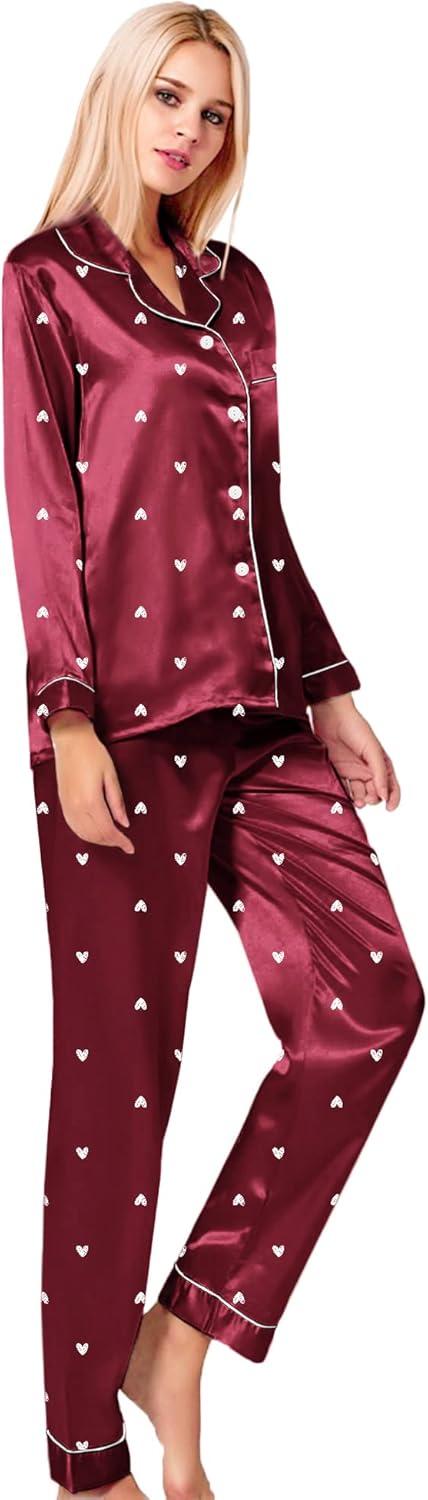 imageSWOMOG Womens Silk Satin Pajamas Set Long Sleeve Button Down Sleepwear 2 Piece Lounge Set Pj Set XS3XLPattern 2